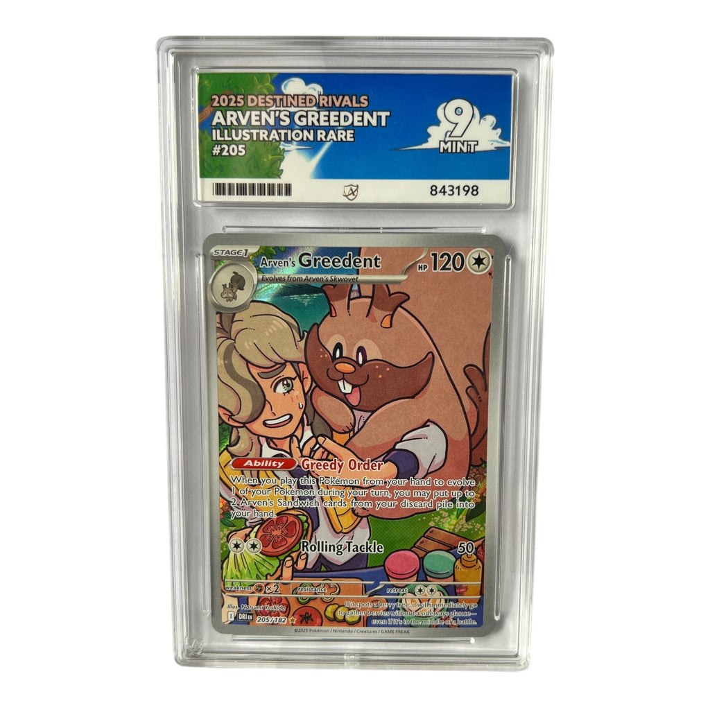 2025 Pokémon Destined Rivals Arven's Greedent Illustration Rare #205/182 Ace Graded Mint 9