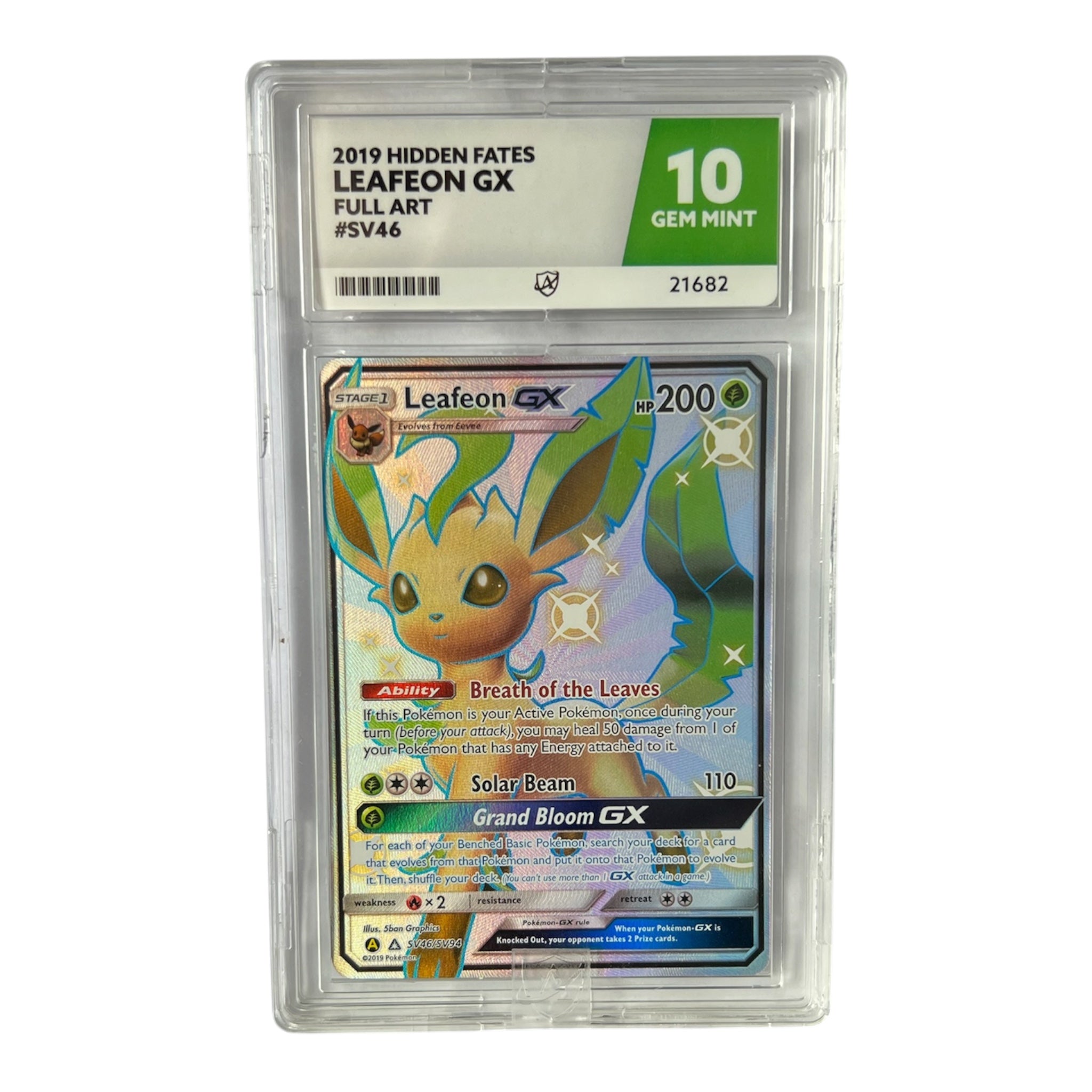 2019 Pokémon Hidden Fates Shiny Leafeon GX Full Art SV46 Ace Graded Gem Mint 10